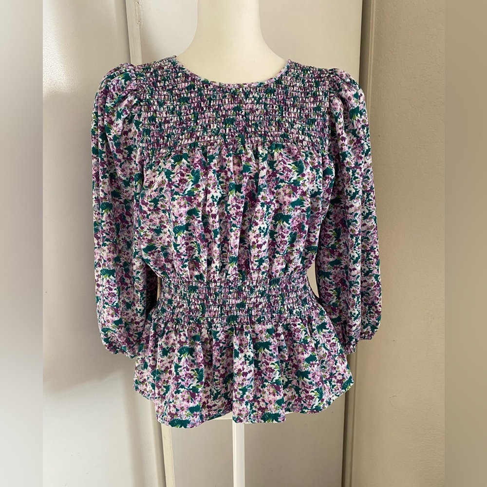 PLEIONE from ANTHROPOLOGIE multi colored floral smoked peplum blouse S
